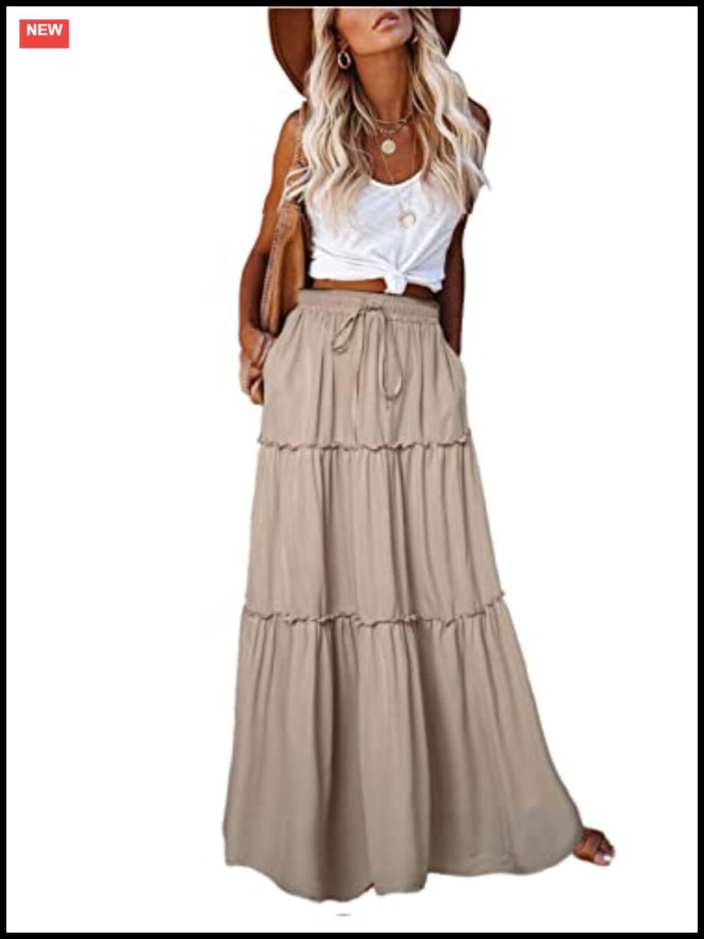 Womens Boho Maxi Skirt High Waist Tie Flowy Long Skirt with Pockets